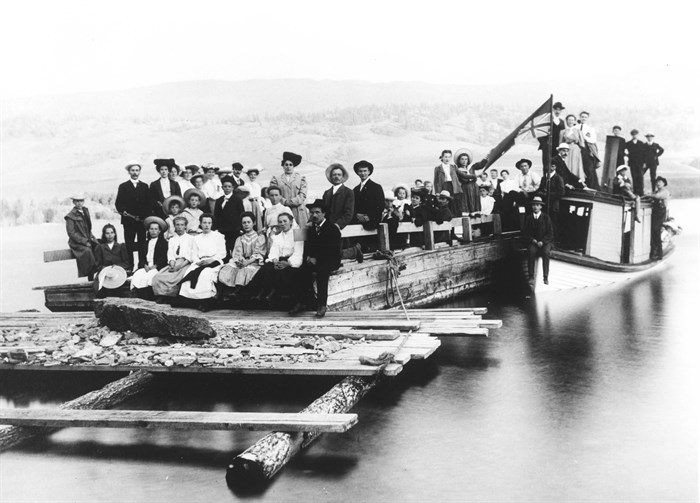 
Cosens Bay Beach was a popular summer destination in the early part of the last century. This shows members of the Vernon Methodist Church on a barge near Kal Beach. To the right is the Maud Allan, who was taking the barge to Cosens Bay. Identified are: Emma, Lisa, Amy, and Percy Tennant; Vera, Gertrude, Pearl, John, Doug and Georgina Glover; Charlie Wylie; Mrs. Pound and Violet Hall. Alex and Margaret Shand.
