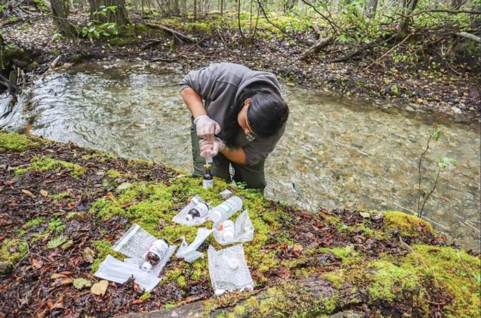 Member of the Dane Nan Ye Dah Guardians tests water quality for the Kaska Dena Council in northern B.C.