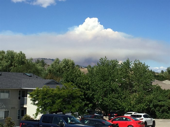Smoke from the new wildfire burning along Westside Road along with smoke from a prescribed burn in the area as seen from Vernon, Tuesday, Aug. 24, 2021.