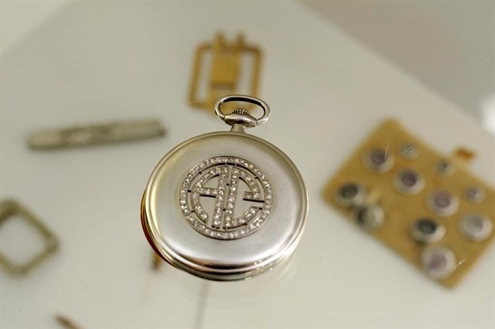 A platinum and diamond Patek Philippe pocket watch with the initials AC, that once belonged to mob boss Al Capone is seen on display at Witherell's Auction House in Sacramento, Calif., Wednesday, Aug. 25, 2021. The watch is among the 174 family heirlooms that will be up for sale at an Oct. 8 auction titled 
