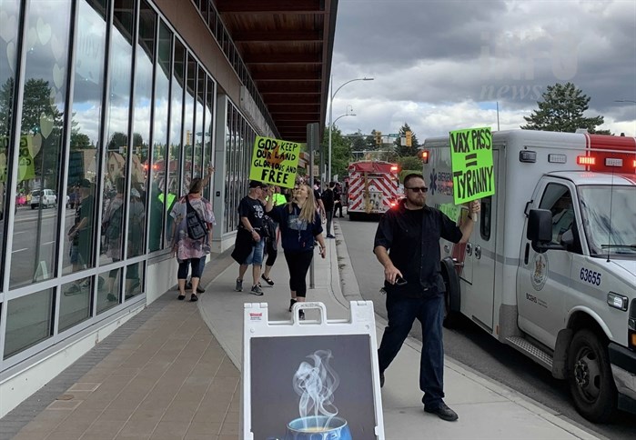 Anti-vax protestors are seen outside Royal Inland Hospital in Kamloops, Wednesday, Sept. 1, 2021.