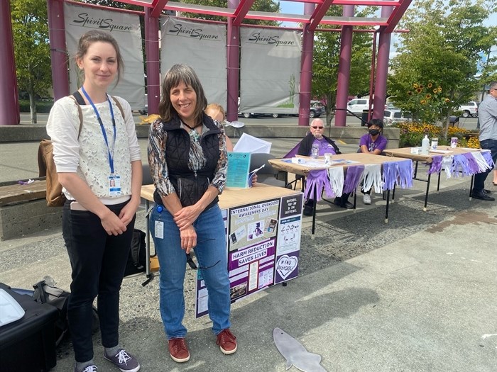 Dr. Jessie Fleur and Dr. Erika Kellerhals at the Campbell River International Overdose Awareness Day event on Tuesday.