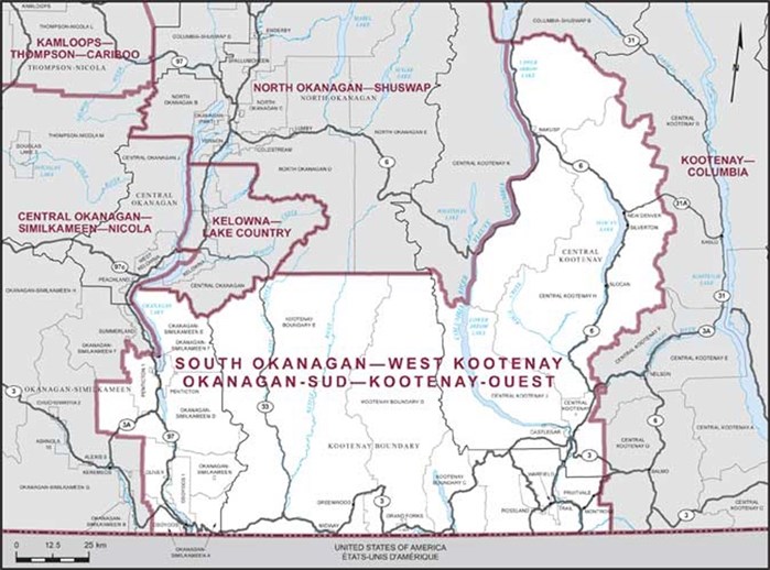 A map of the federal riding of South Okanagan West Kootenay.