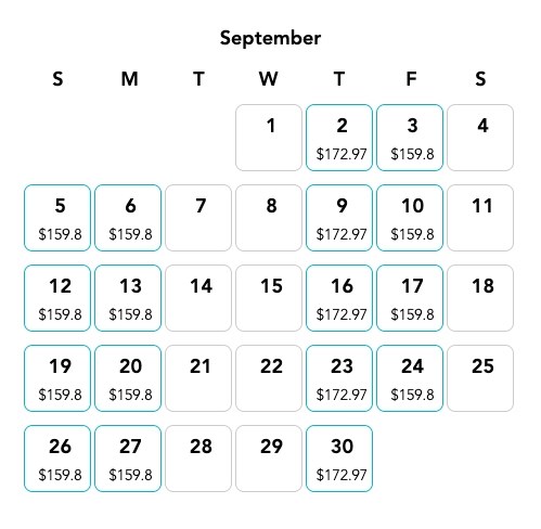 Cascadia Air's prices for flights from Penticton to Vancouver during the month of September.