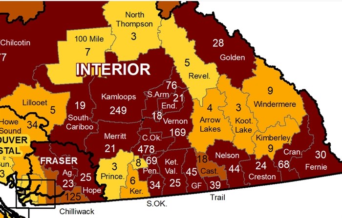 This map shows the number of new COVID-19 cases in the Interior Health region from Aug. 29 to Sept. 4.