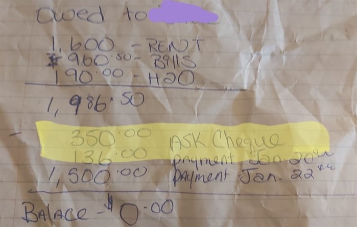 An old piece of paper showing the charity given to Kamloops resident Bobbi Tinline to help her pay her rent in 2019.