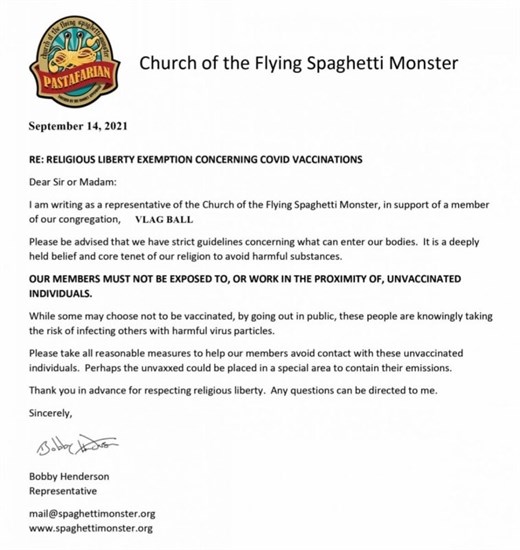 The Church of the Flying Spaghetti Monster is offering exemption letters to its members requesting to be distanced from unvaccinated individuals.