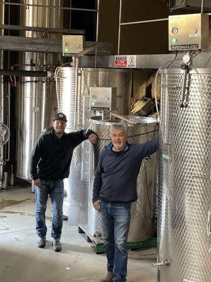 Winemaker Richard Charnock, left, and Pentage Winery executive winemaker Paul Garder pose for a photo in Penticton.
