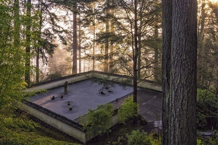 This photo provided by Portland Japanese Garden shows a view overlooking their Sand and Stone Garden in the morning.