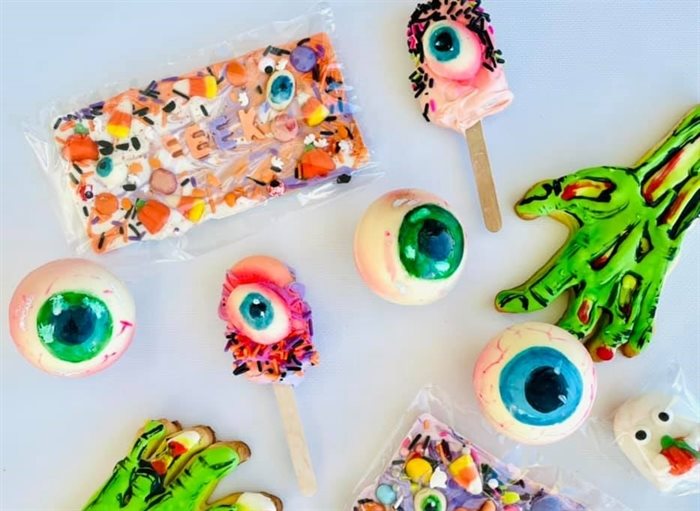 Rainbow Hill Creative in Kelowna makes zombie hand cookies and eyeball cake-pops.