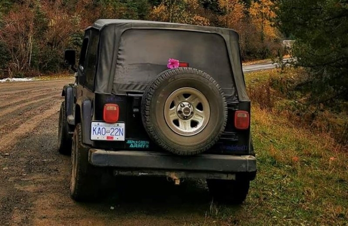 This is the 1997 Jeep TJ the missing person drives to go off-roading. It has B.C. license plate number KA0 22N.