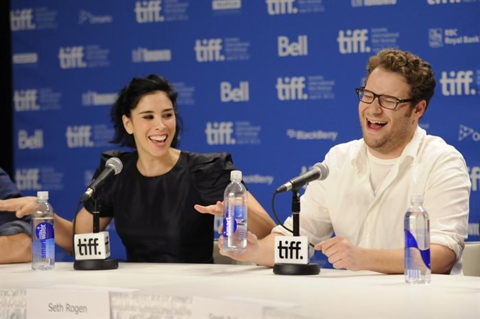 FILE - Actress Sarah Silverman, left, and actor Seth Rogen participate in a press conference during the Toronto International Film Festival on Sunday, Sept. 11, 2011 in Toronto.