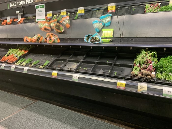 An empty produce section at the Save On Foods grocery store in the Brocklehurst neighbourhood of Kamloops, Tuesday, Nov. 16, 2021.