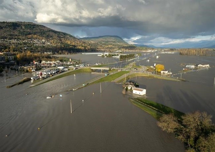 Flood waters cover highway 1 in Abbotsford, B.C., Tuesday, Nov. 16, 2021.