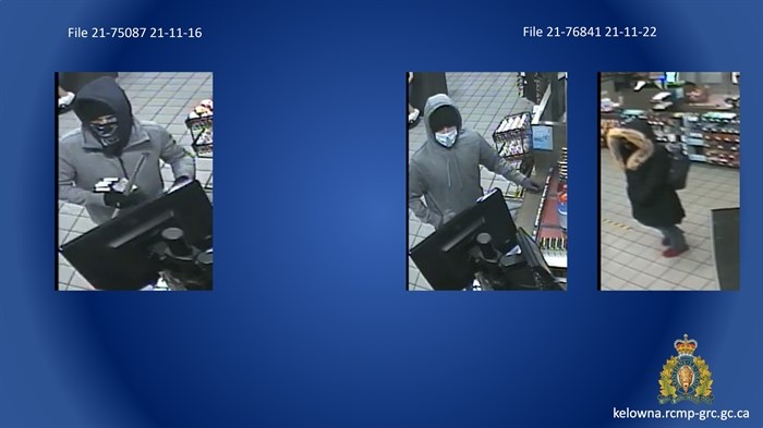 An RCMP photo collage of the two suspects accused of robbing a gas station in Kelowna on Nov. 22. 