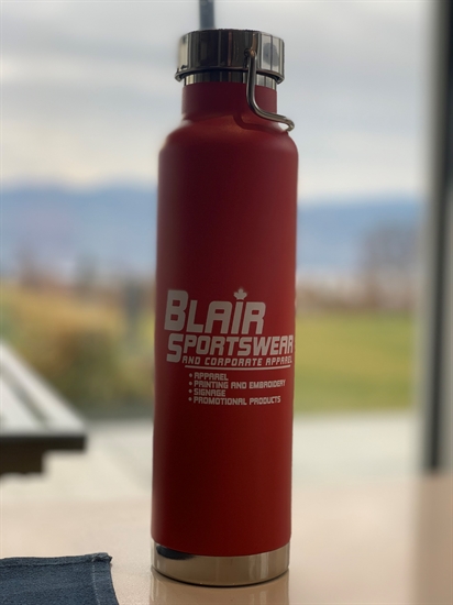 A water bottle printed with a Blair Sportswear and Apparel logo.