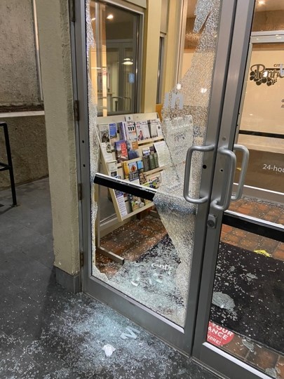 The doors were smashed at Penticton city hall Dec. 10.
