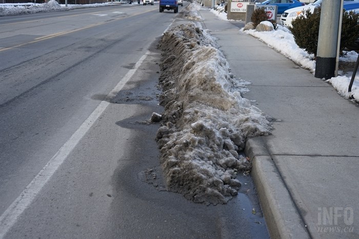 Some sections of the bike lane on Government Street have snow banks on them.
