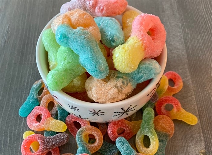 Sour keys before and after being freeze dried.