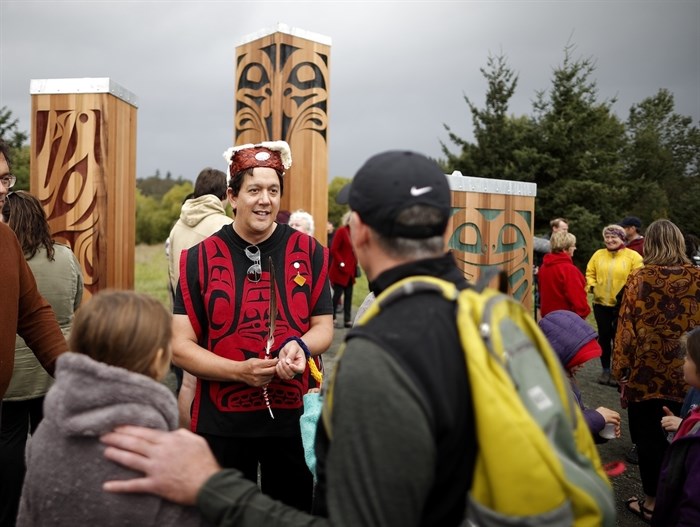 Artist Carey Newman, or Hayalthkin’geme, at the unveiling of his public artwork Earth Drums in 2019.