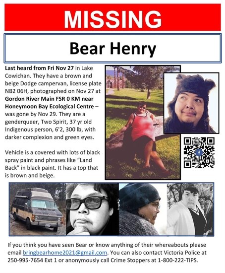 Missing poster of Bear Henry, Fairy Creek blockade activist.