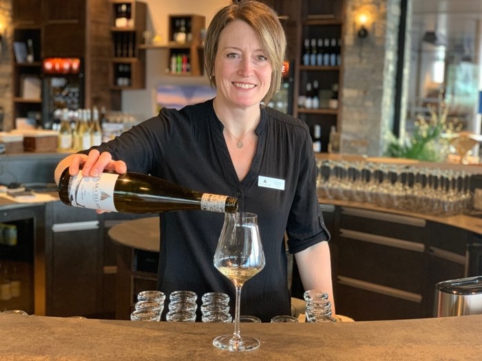 Winemaker Stephanie Stanley pours a glass of Riesling at O'Rourke's Peak Cellars.