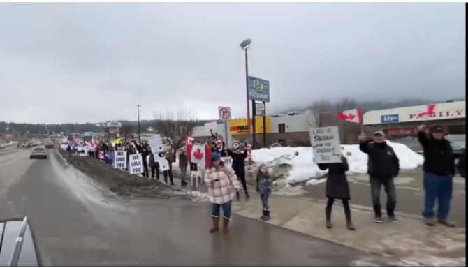 Supporters for a trucker convoy against COVID-19 vaccine mandates in Salmon Arm, Jan. 23, 2022.