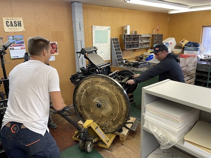 James Douglas and Stewart Cawood from Barkerville Historic Town and Park traveled to Oliver to pick up a couple of printing presses.