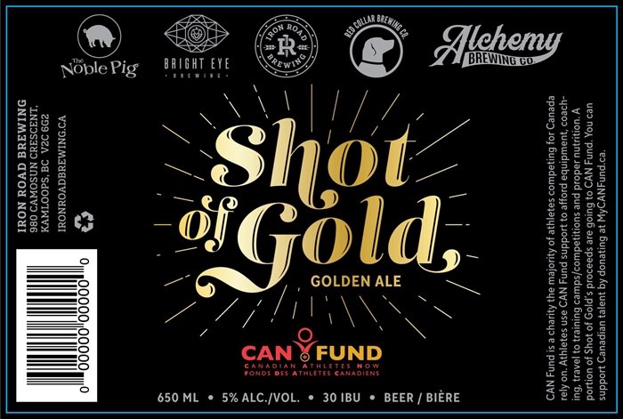 The label for Shot of Gold, a golden ale brewed by Iron Road Brewery in collaboration with other local craft breweries and Paralympian Greg Stewart. 