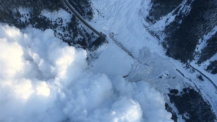 A large avalanche landing on the Lanark Snowshed on Highway 1.