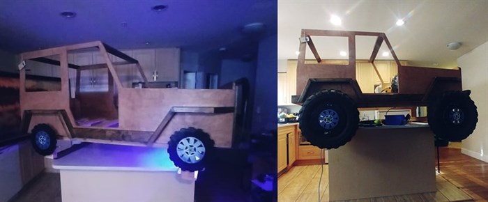 On the left is the Jeep bed with wheels that didn't quite suit it. On the right, the Jeep bed has been equipped with much hardier tires thanks to a donation from Vantage Powersport & Marine in Penticton.