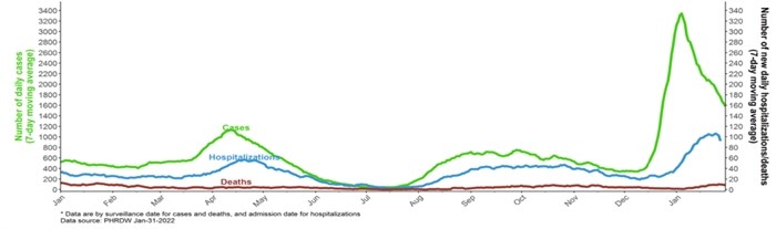 The green line shows the number of new COVID cases recorded in B.C. since Jan. 1, 2021. The blue line is hospitalizations and the red is deaths.