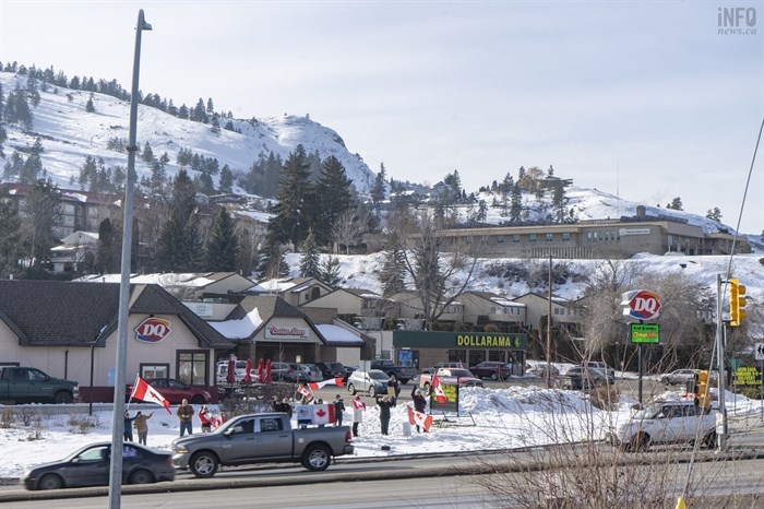 A crowd of supporters gathered at the intersection of Prairie Valley Road and Highway 97 in Summerland to cheer on the Okanagan Slow Roll Convoy as it traveled south on Feb. 5.