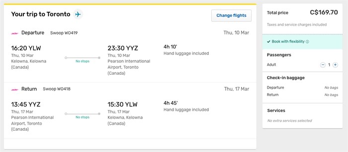 Flights from Kelowna to Toronto are going for $169.70.