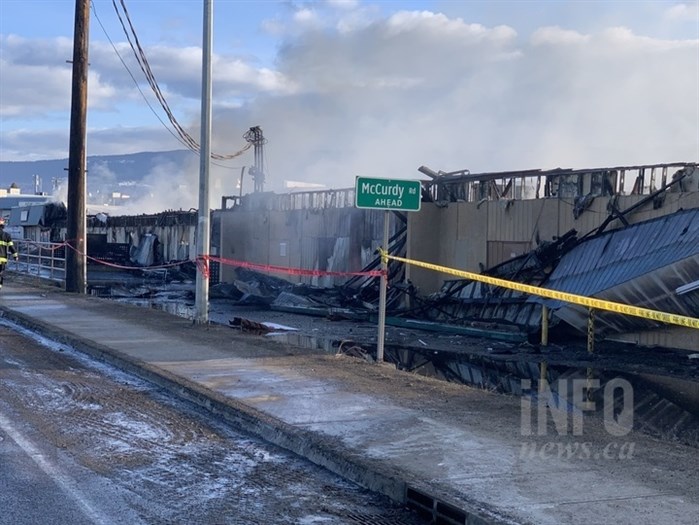 Fire destroyed several businesses on Highway 97 North in Kelowna, Tuesday, Feb. 15, 2022.