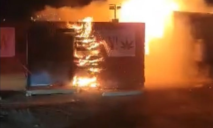 Fire rips through a pot shop at the Osoyoos Indian Band, Feb. 22, 2022. 