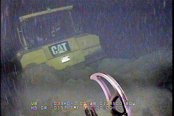 An image of the submerged bulldozer, taken from the RCMP's remote operated vehicle.