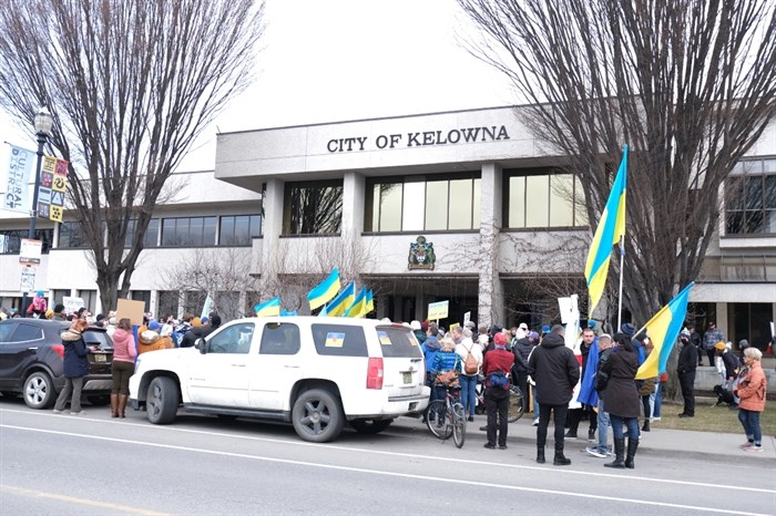 A rally outside of Kelowna city hall Feb. 27, 2022 saw roughly 200 attendees.