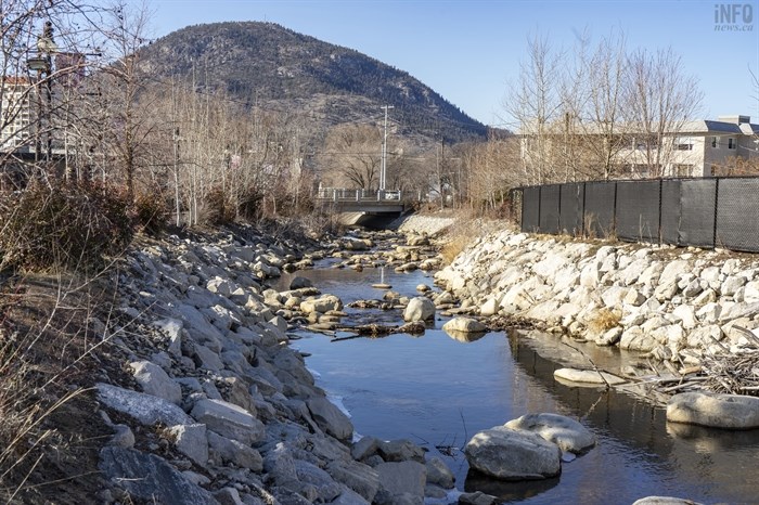 Looking down Nanaimo Street, this section of Penticton Creek where restoration work has already been completed is much more attractive to fish trying to spawn