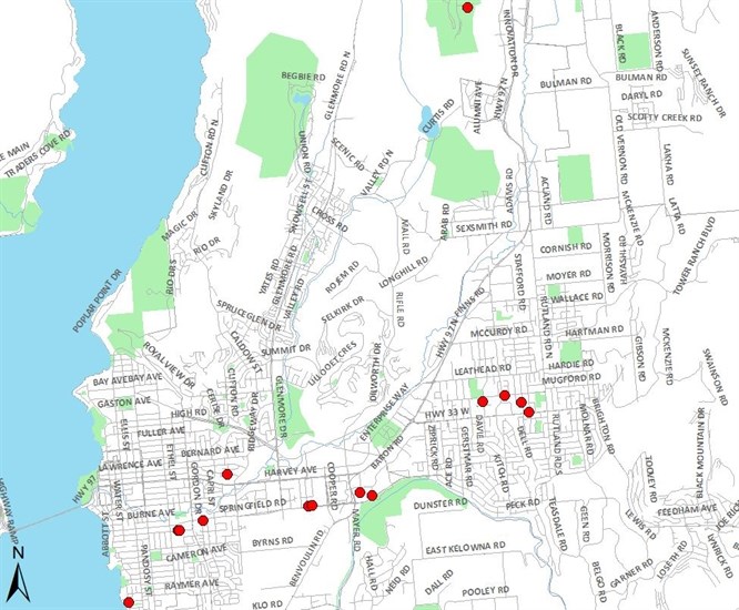 RCMP shared a map showing where buildings have recently had lockboxes tampered with in Kelowna. 