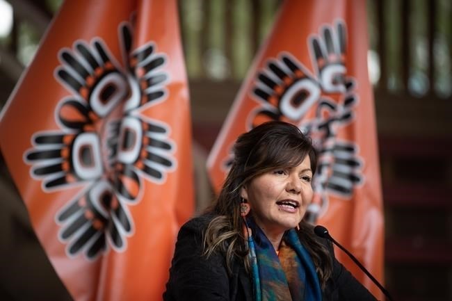 FILE PHOTO - Tk'emlups te Secwepemc Kukpi7 (Chief) Rosanne Casimir speaks during a news conference ahead of a ceremony to honour residential school survivors and mark the first National Day for Truth and Reconciliation, in Kamloops, B.C., on Thursday, Sept. 30, 2021.