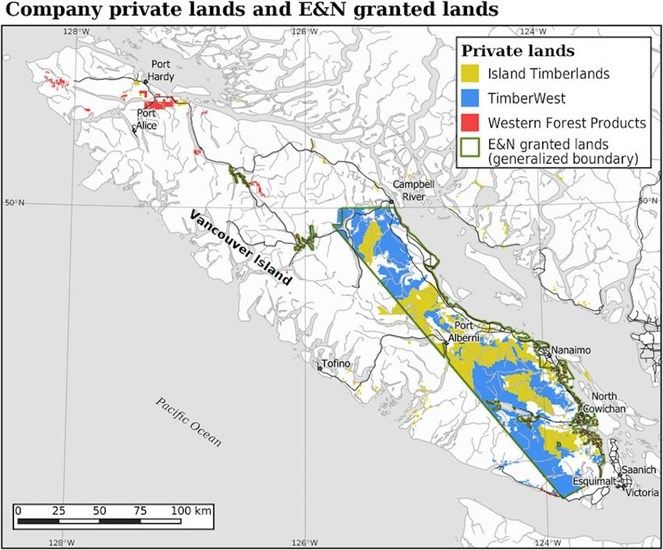 Map showing the private land ownership of Island Timberlands and TimberWest from the research paper, The Coloniality of Private Forest Lands.