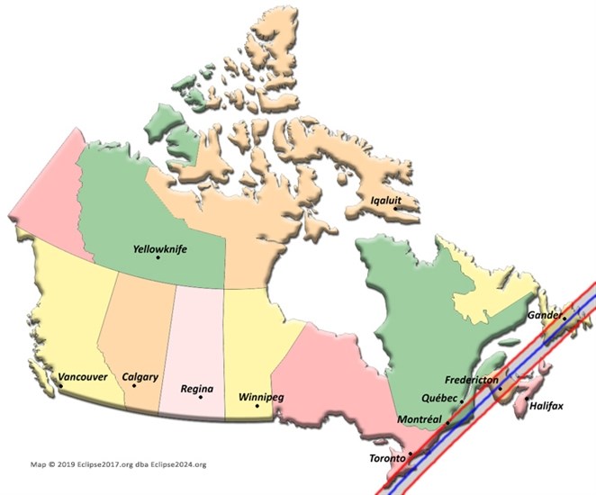 The path an eclipse will take through Canada on April 8, 2024.