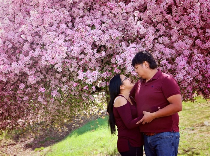 One of many couples Kamloops photographer Devan Storey photographed in front of McArthur Island cherry tree blossoms in May, 2021.