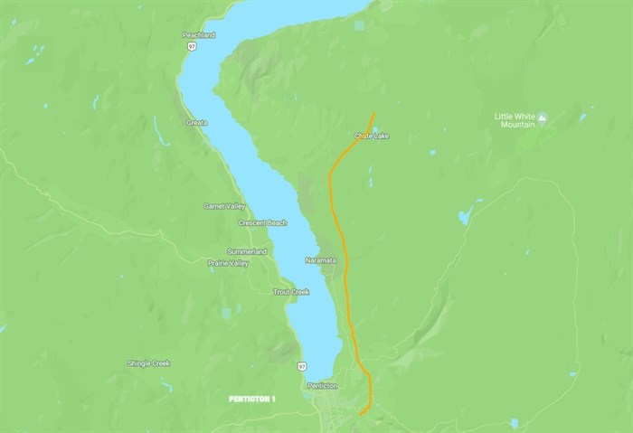 A map of the proposed Okanagan Capacity Upgrade, which will run for 30 kilometers between Penticton and Chute Lake if approved. 
