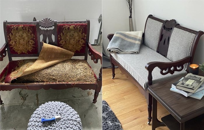 This combination of photos released by Shawn Hollenbach shows the transformation of an antique settee.
