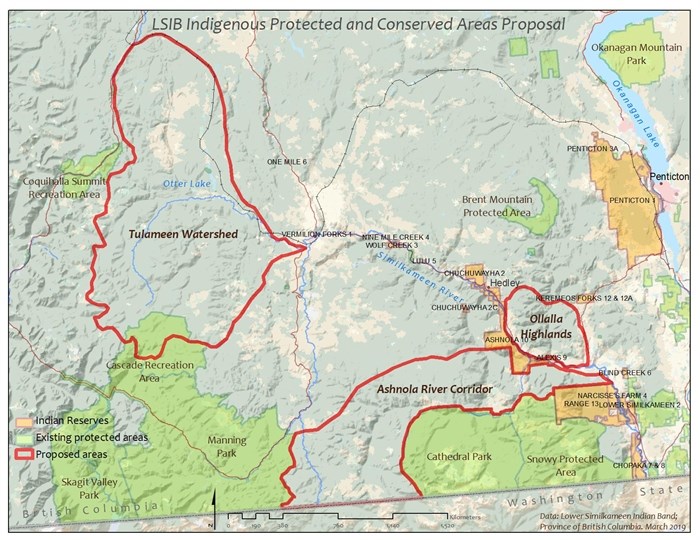 A declaration of Indigenous Protected and Conserved Area will apply to the Ashnola River corridor, which is one of three areas highlighted on this map that the Lower Similkameen Indian Band is dedicated to protecting.