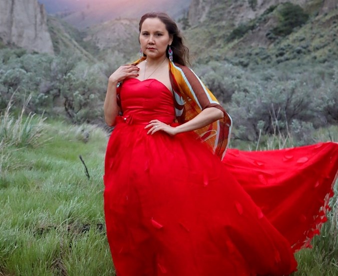Indigenous model Tanya Hall at a photo shoot for Red Dress Day in Kamloops, May 5. 