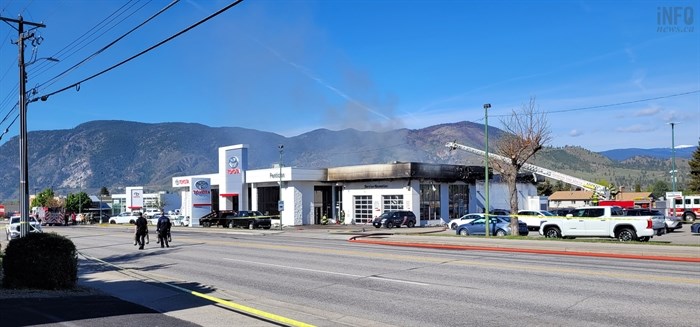 A portion of Skaha Lake Road is closed to vehicle traffic while fire crews take care of the fire emergency at the Toyota dealership.