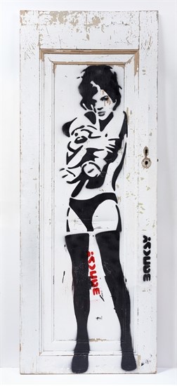 Banksy, Sexy Girl With Teddy Bear, spray paint on vintage door, 78 x 29.5 in.